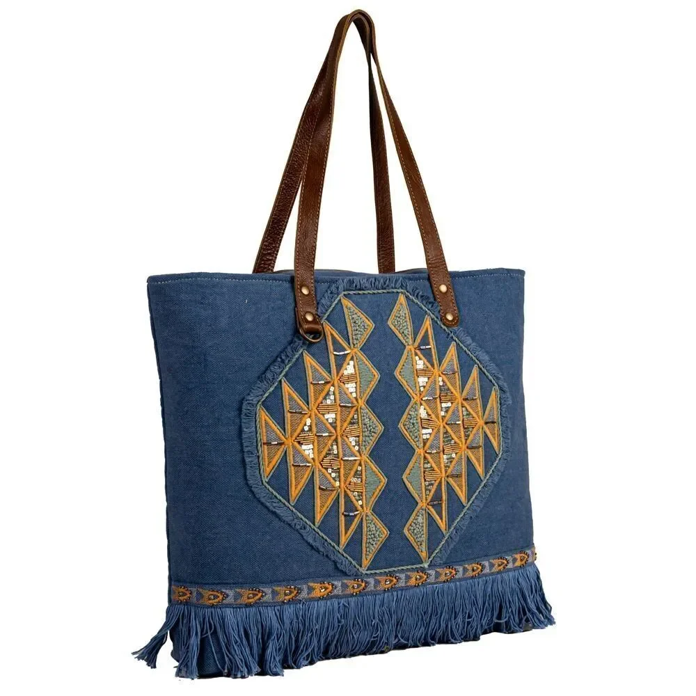 Myra Bag Handmade Ember Tote Bag Upcycled Canvas & Cowhide Leather